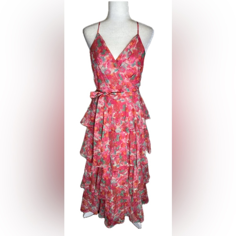 Adelyn Rae Brianna Pink Multi‑Color Floral Tiered Maxi Dress Ruffles Strappy Med - Picture 4 of 11
